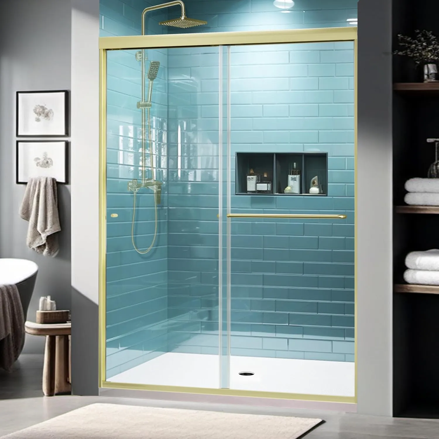 56-60" W x 70" H Framed Glass Sliding Shower Door,Bathroom Shower Sliding Door with 1/4" (6mm) Clear SGCC Tempered Glass,Brushed Gold Finish,Shower Doors Can Reversible Installation