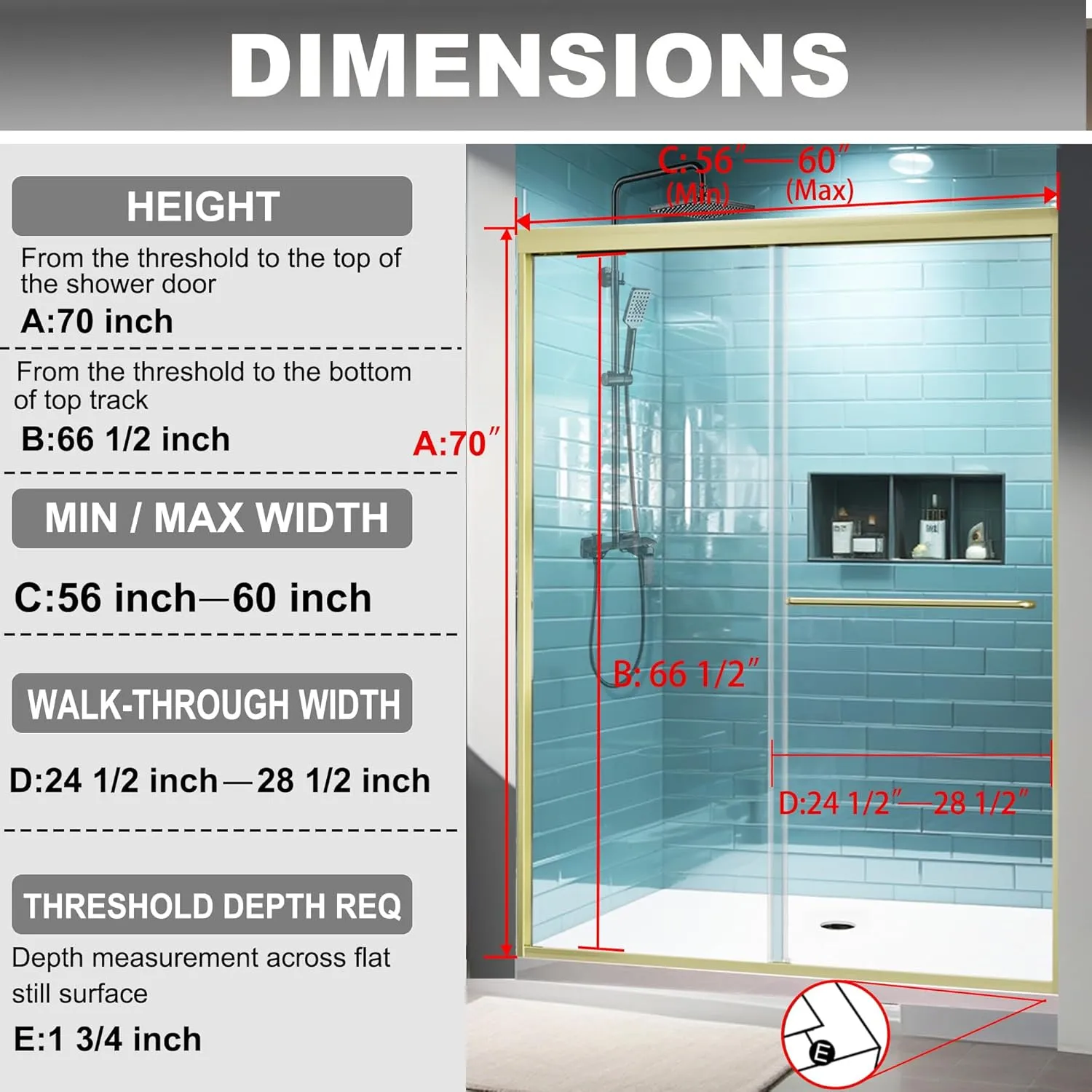 56-60" W x 70" H Framed Glass Sliding Shower Door,Bathroom Shower Sliding Door with 1/4" (6mm) Clear SGCC Tempered Glass,Brushed Gold Finish,Shower Doors Can Reversible Installation