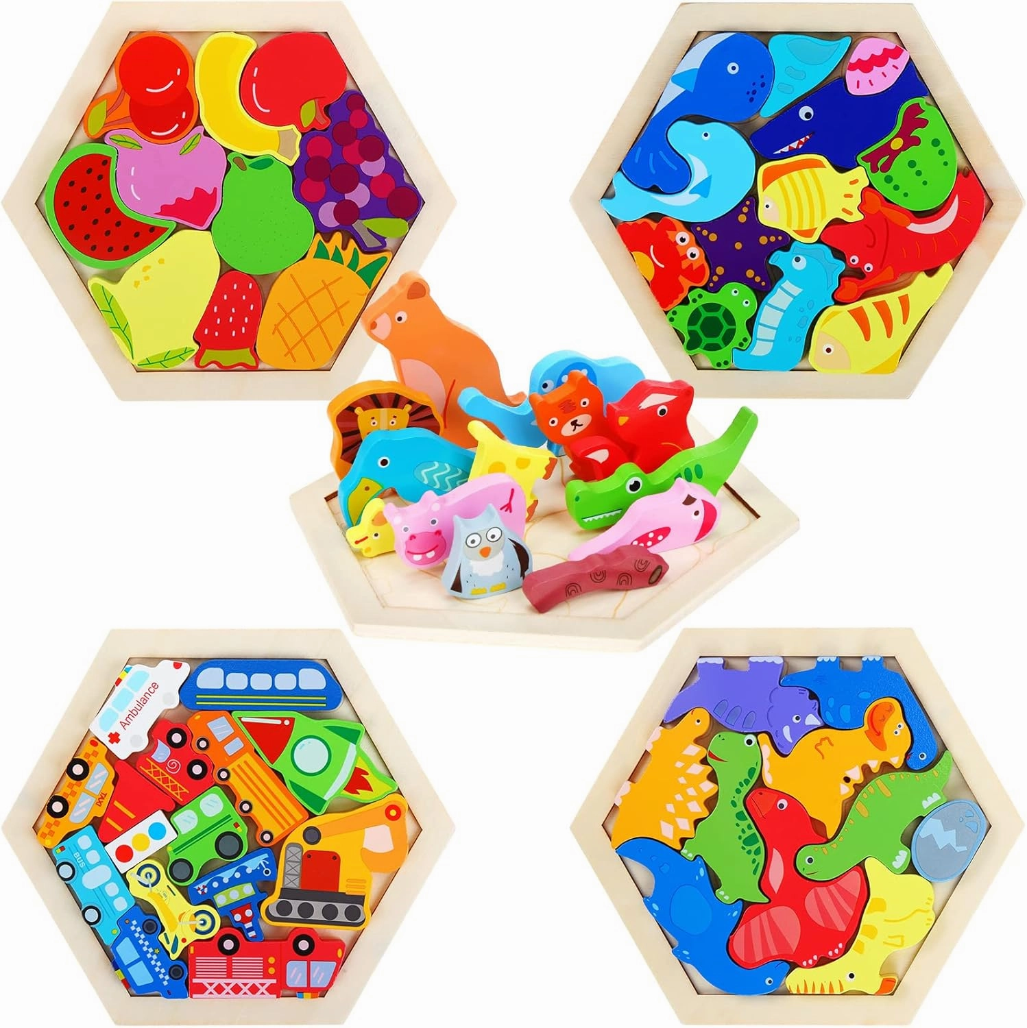5 Pack Wooden Tangram Puzzle for Kids Wooden Hexagon Puzzle Block Teaser Geometric Shapes Tangram Games for Jigsaw 3D Logic IQ Game Gift(Cute)