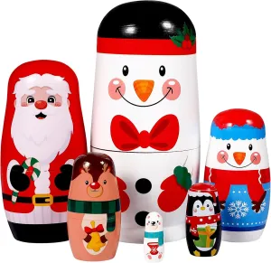 6 Pcs Christmas Nesting Dolls Handmade Wooden Stacking Dolls Russian Nesting Dolls Matryoshka Dolls Toy for Christmas Decoration Children Birthday Party Favors