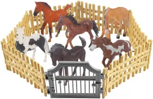 6Pcs 5-7" Realistic Plastic Horse Figurines Toy Set and 7PCS Corral Fencing Panel Accessories Playset with Gate Christmas Birthday Gift Educational Toy for Kids Toddlers