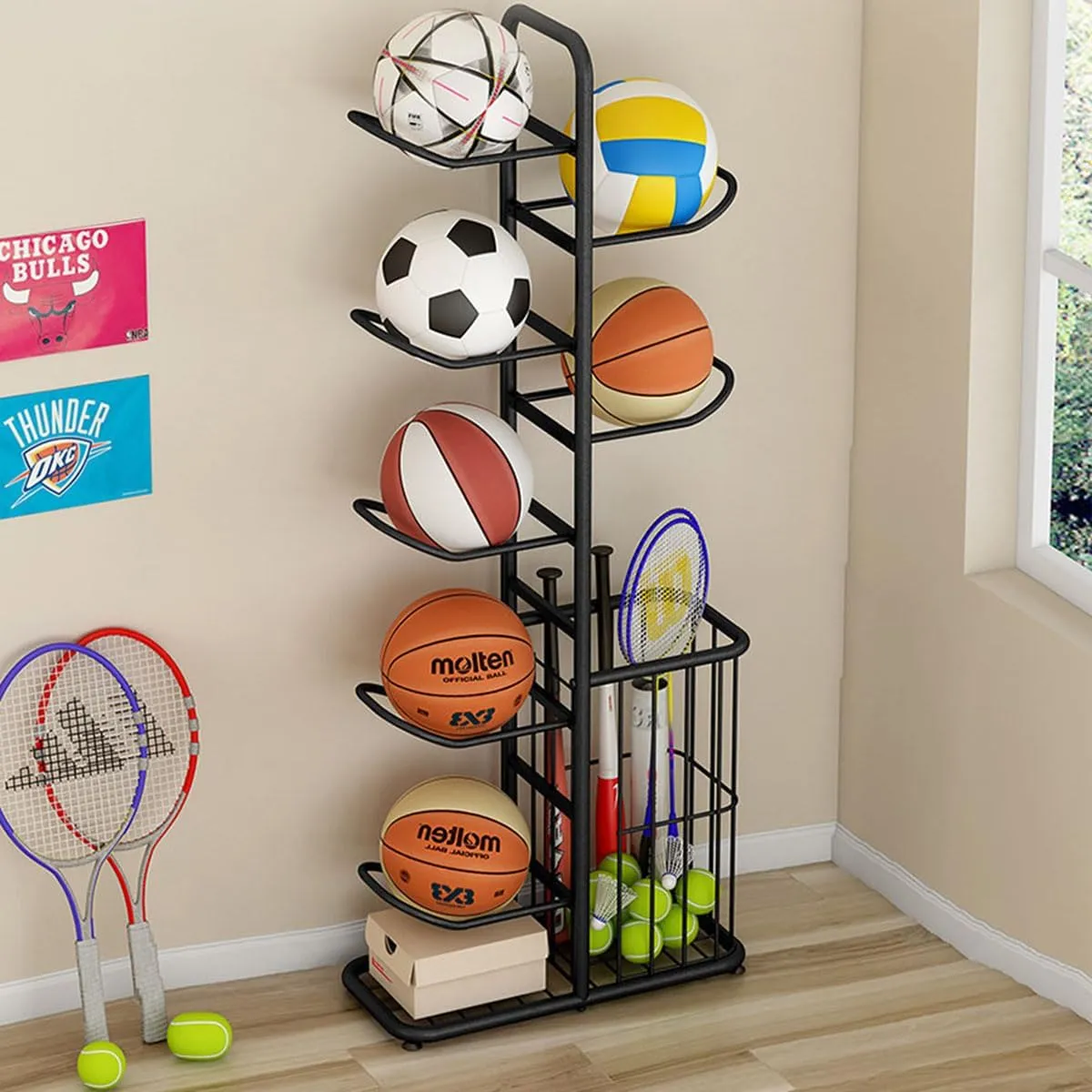 7-Ball Sports Equipment Storage Rack with Ball Holder and Basketball Rack, Athletic Gear Organizer ball Stand - Organize Toys, Sports Gear and More, 57.5" (Black)
