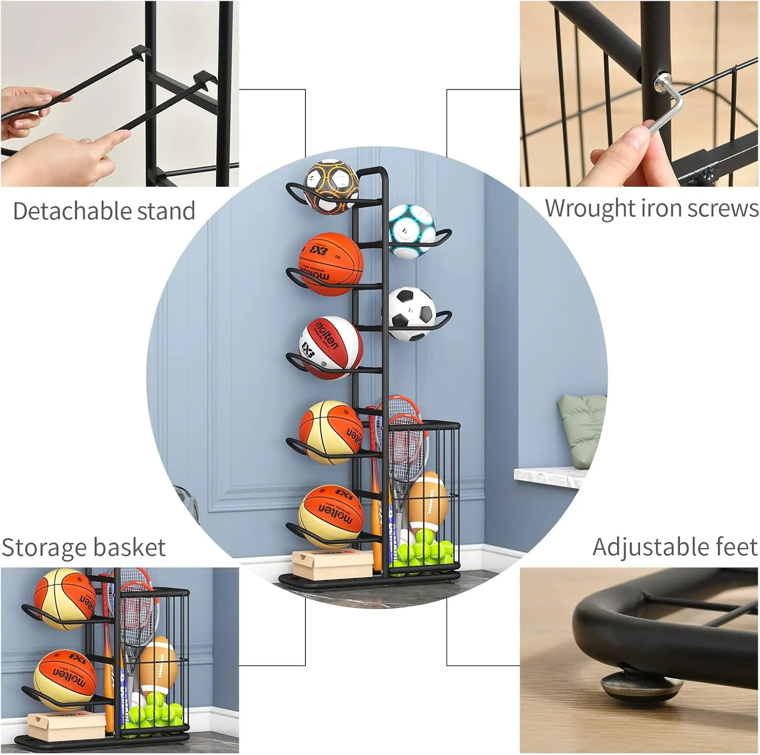 7-Ball Sports Equipment Storage Rack with Ball Holder, Ideal for Garage or Indoor Use - Organize Toys, Sports Gear and More, 57.5" (Black)