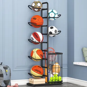 7-Ball Sports Equipment Storage Rack with Ball Holder, Ideal for Garage or Indoor Use - Organize Toys, Sports Gear and More, 57.5" (Black)