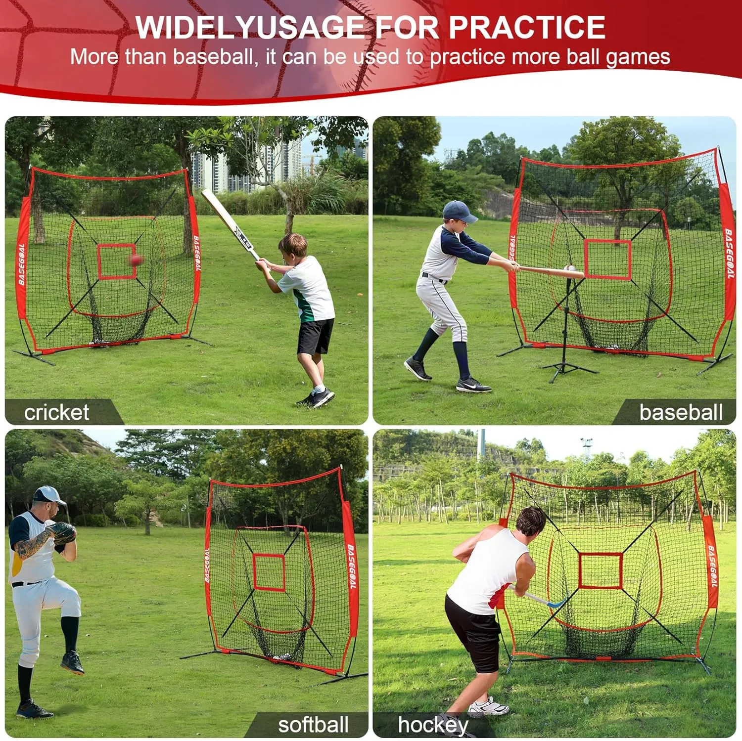 7'×7' Baseball Softball Practice Net,Baseball Backstop,with Batting Tee,for Hitting Pitching Batting Catching with Bow Frame,Bonus Strike Zone