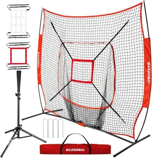 7'×7' Baseball Softball Practice Net,Baseball Backstop,with Batting Tee,for Hitting Pitching Batting Catching with Bow Frame,Bonus Strike Zone