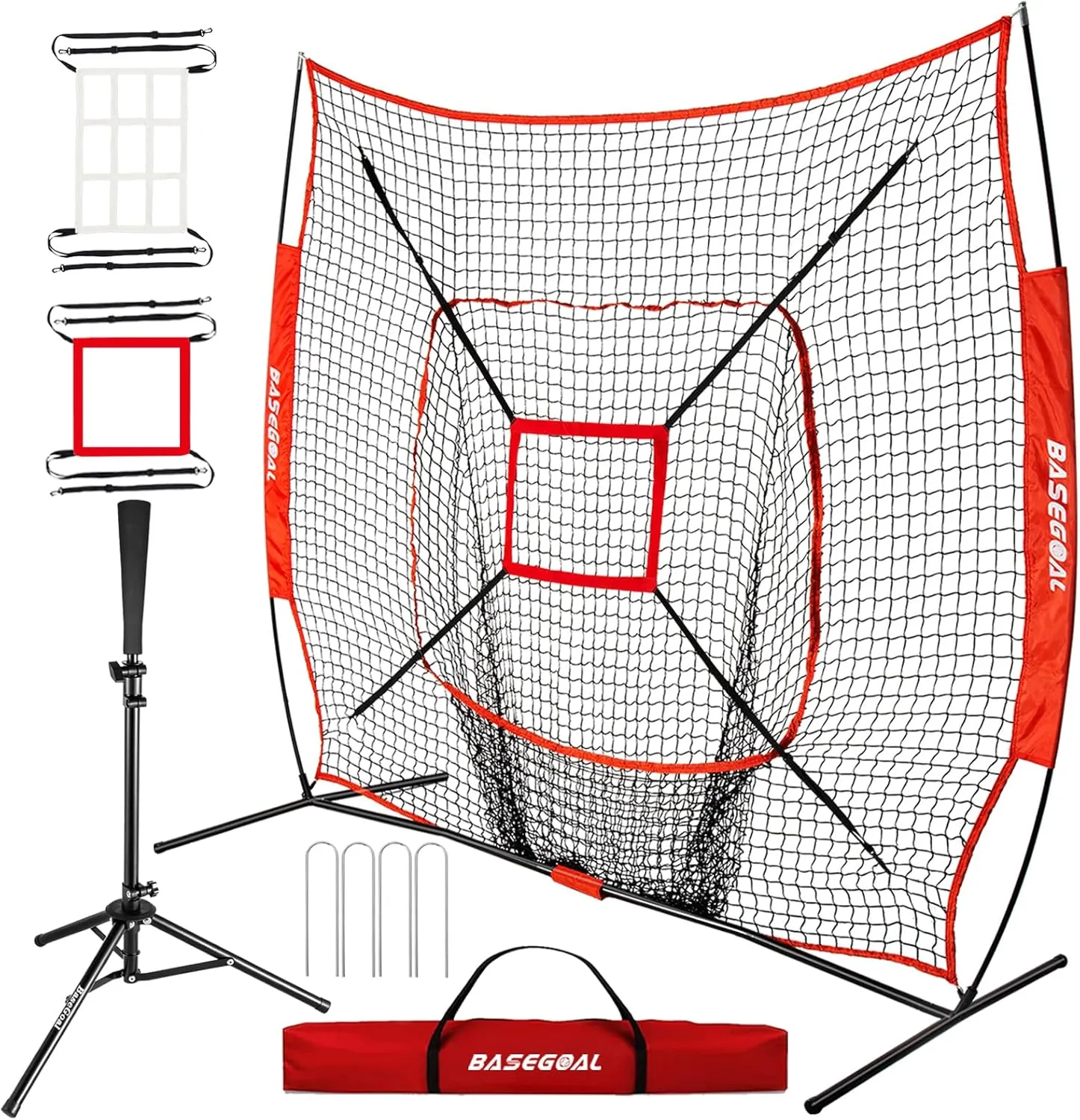 7'×7' Baseball Softball Practice Net,Baseball Backstop,with Batting Tee,for Hitting Pitching Batting Catching with Bow Frame,Bonus Strike Zone