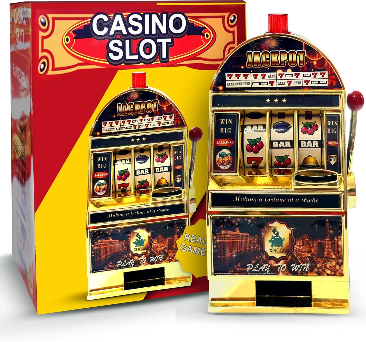 777 Jackpot Toy Slot Machine for Adults – Replica Mini Casino Toy Piggy Bank Replica with Flashing Lights and Jackpot Alert Sounds, Real Fun and Entertaining Game for All at Home, Gold