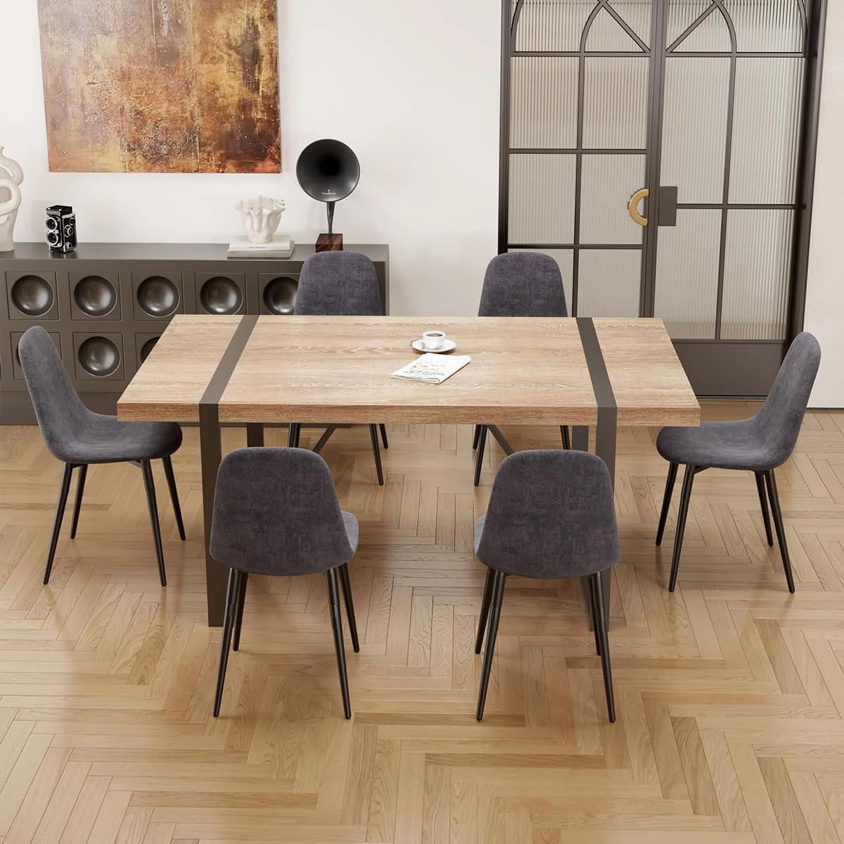 7 Piece Dining Table Set for 6,Modern 71'' Rectangle Wood Dining Table and Fabric Dining Chairs 6,Kitchen Table and Chairs for 6,Ideal for Kitchen Dining Room