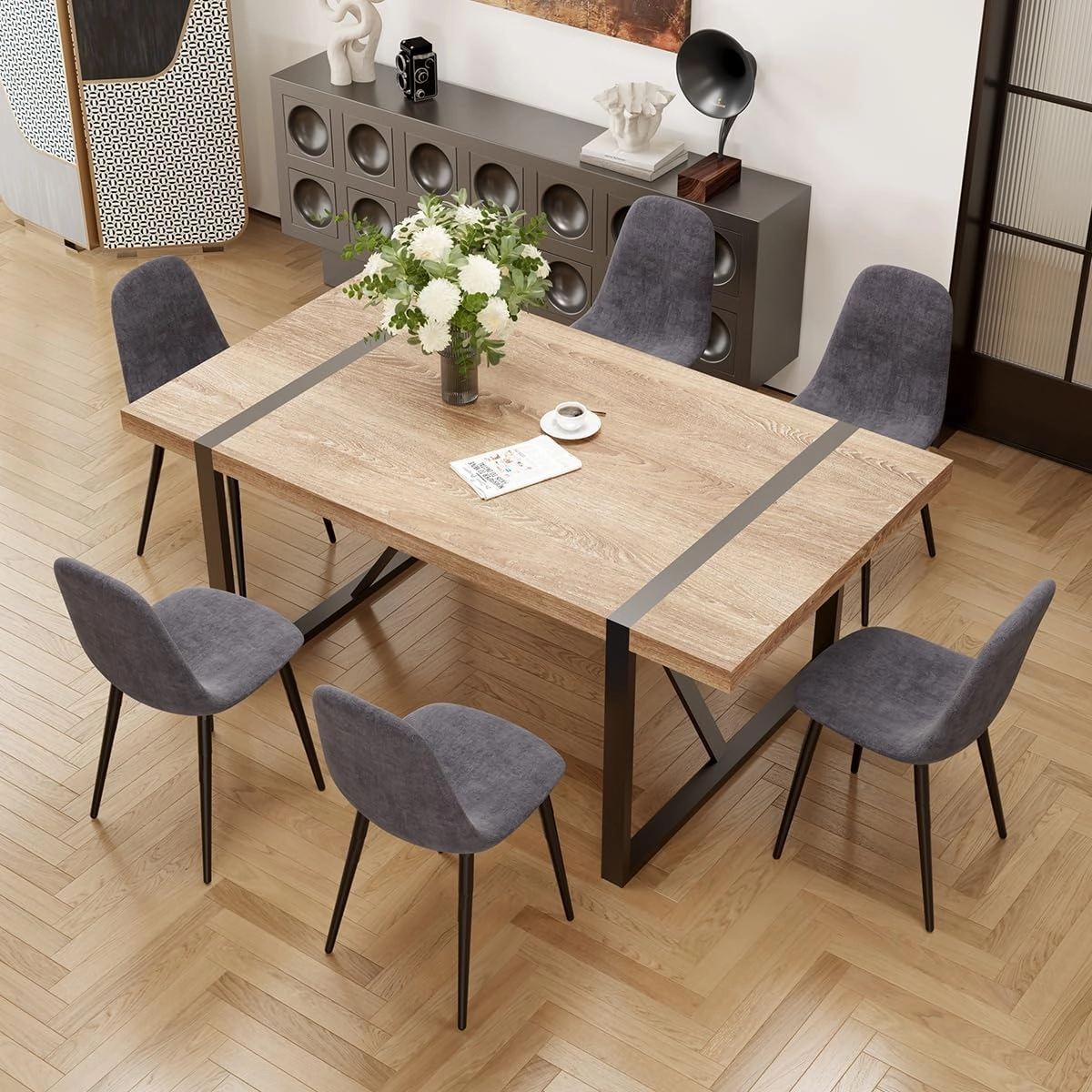 7 Piece Dining Table Set for 6,Modern 71'' Rectangle Wood Dining Table and Fabric Dining Chairs 6,Kitchen Table and Chairs for 6,Ideal for Kitchen Dining Room