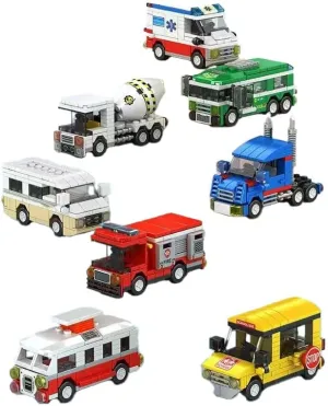 8-Piece City Vehicle Building Block Set, School Bus, Fire Truck, Cement Mixer, Ambulance, Business Van, Bus, Electric Car, Heavy Truck, Ages 3 