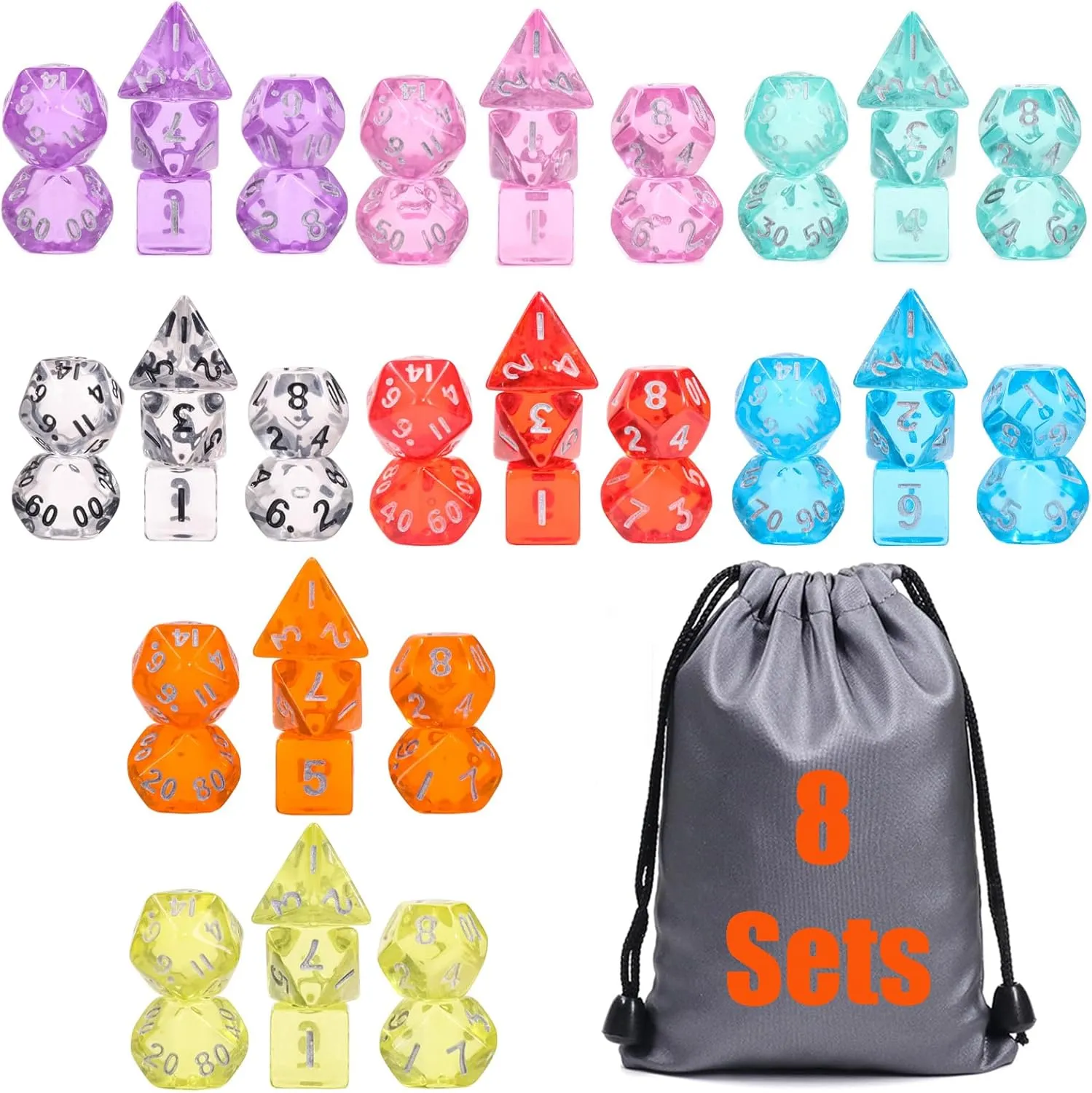 8 Sets Polyhedral RPG Mini Dice (56pcs),10mm Mini Dice Set,10mm Mini Transparent DND Magic The Gathering Dice Set for MTG,RPG,D&D Dungeons and Dragons Role Playing Game
