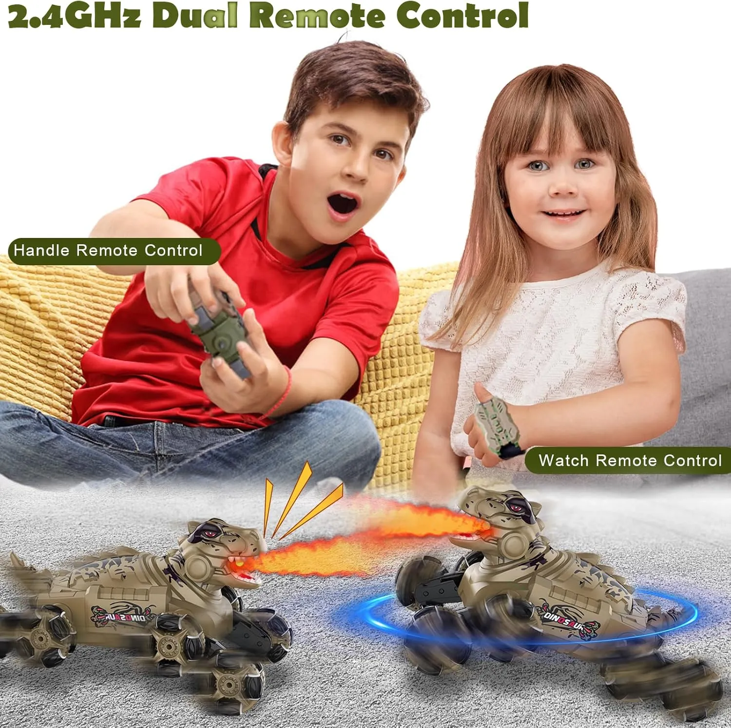 8WD Remote Control Dinosaur Cars, 360°Rotating RC Stunt Car, Dinosaur Toy with Spray, Light, Sound, 2.4Ghz Dinosaur Vehicle for Boys Girls Ages 6-12