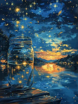 A jar Filled with an Enchanted Cityscape Under The Starry Night Sky, with Flying Fish and Boats crea The Product uses Wooden Puzzles -500PCS for Adults and Children to Brainstorm, Game Nights, Gifts