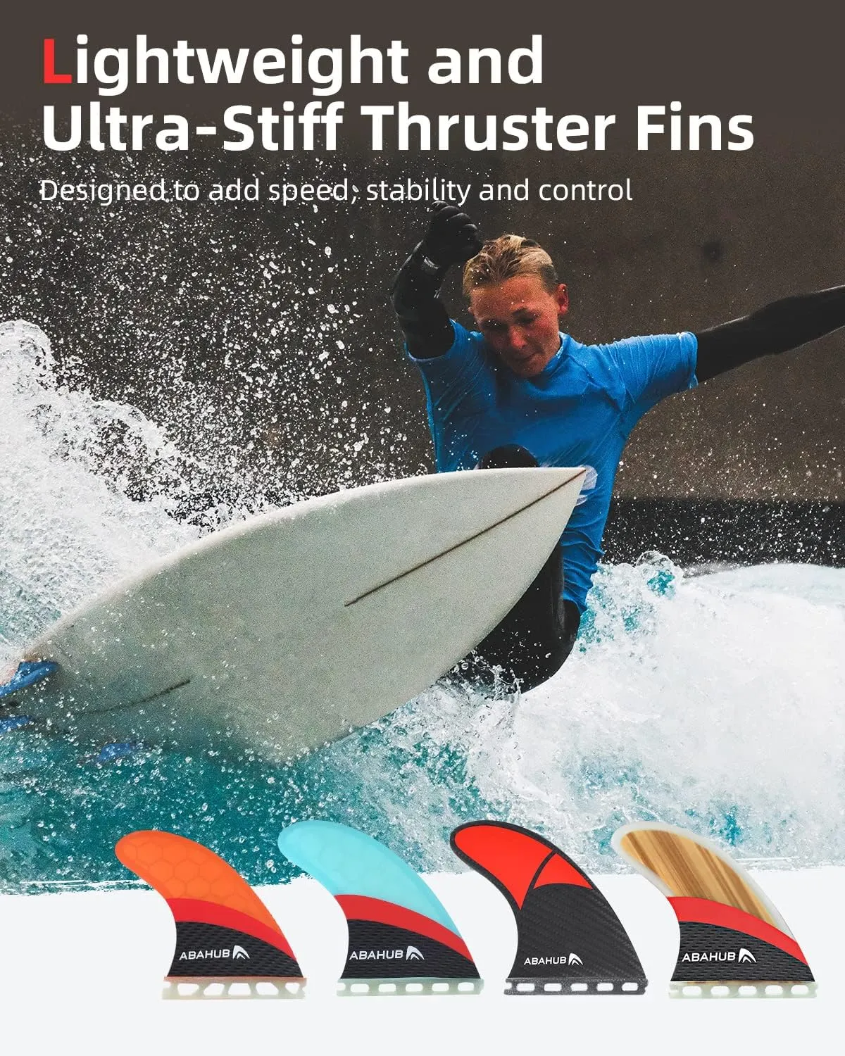 Abahub Surfboard Thruster Fins Set, Compatible with Future Style Fin Box, Fiberglass Reinforced High Performance 3 Fins for Surf Boards, Surfing Longboard, Shortboard, Black/Blue/White