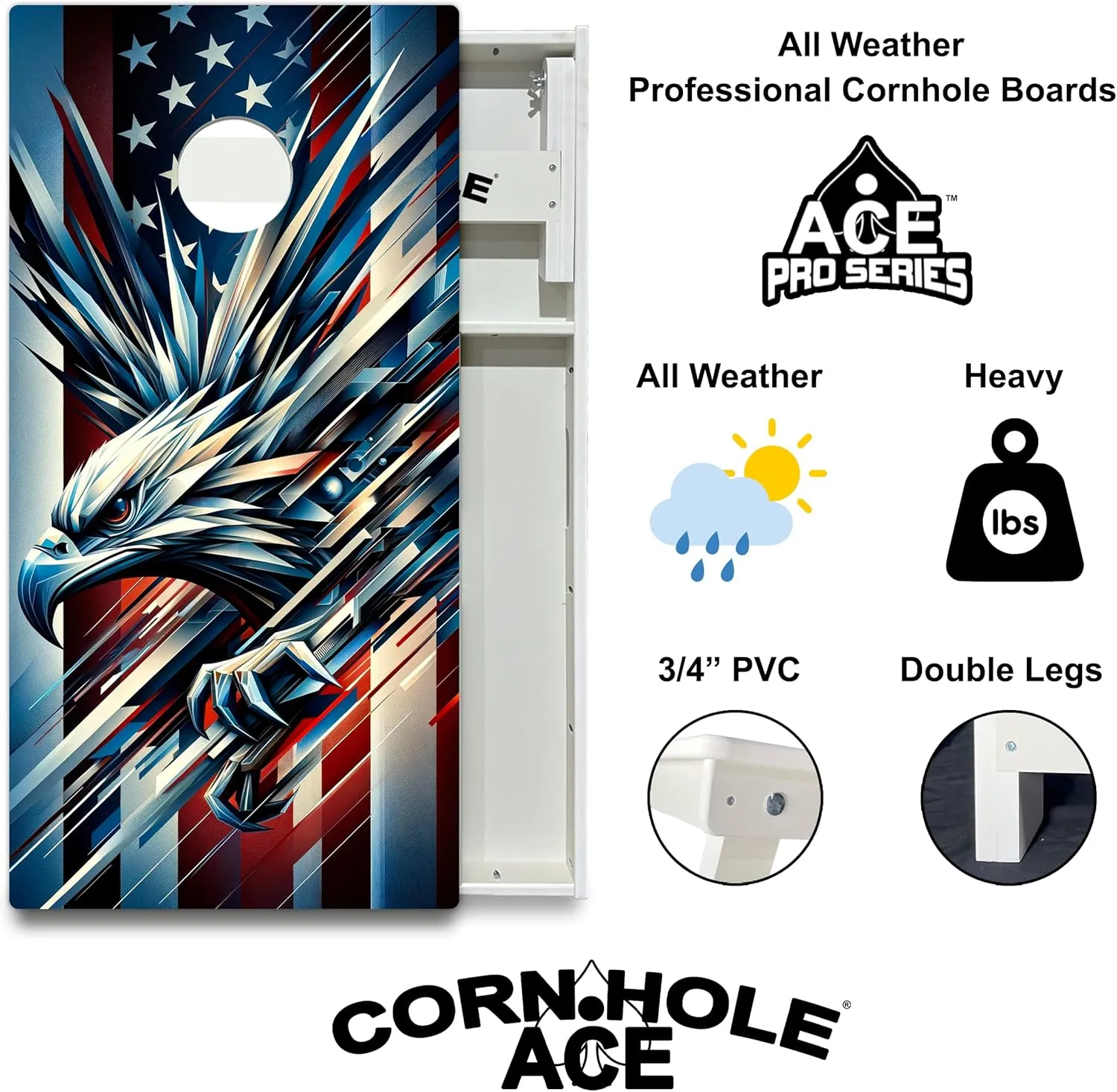ACE All Weather Pro Cornhole Board Set - American Flag Series - Waterproof 4x2 Regulation Size, Made in USA, Triple Wide Legs, 3/4" PVC, Official Tournament Boards, Rainproof Outdoor Set (2 Boards)