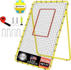 Adjustable Volleyball Rebounder Net 7x4 ft with PU Volleyball and Stakes - Bounce Back Training Equipment for Practicing Volleying, Bumping, Spiking, Easy Set Up & Steady for Multi Sports