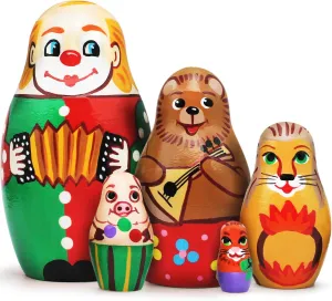 AEVVV Clown Russian Circus Nesting Dolls Set of 5 - Handmade Wooden Matryoshka Doll - Hand Painted Stacking Dolls - Деревянная Матрешка Русский Цирк
