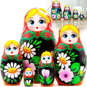 AEVVV Matryoshka Nesting Dolls Set of 5 pcs - Russian Doll with Hand Painted Bouquet of Lily and Daisy Flowers - Matryoshka Doll with Lily and Daisy Decor