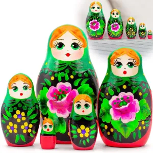 AEVVV Russian Nesting Dolls Set of 5 pcs - Matryoshka in Green Head Scarf and Sarafan with Rose Flowers - Russian Dolls with Roses - Rose Decor for Home