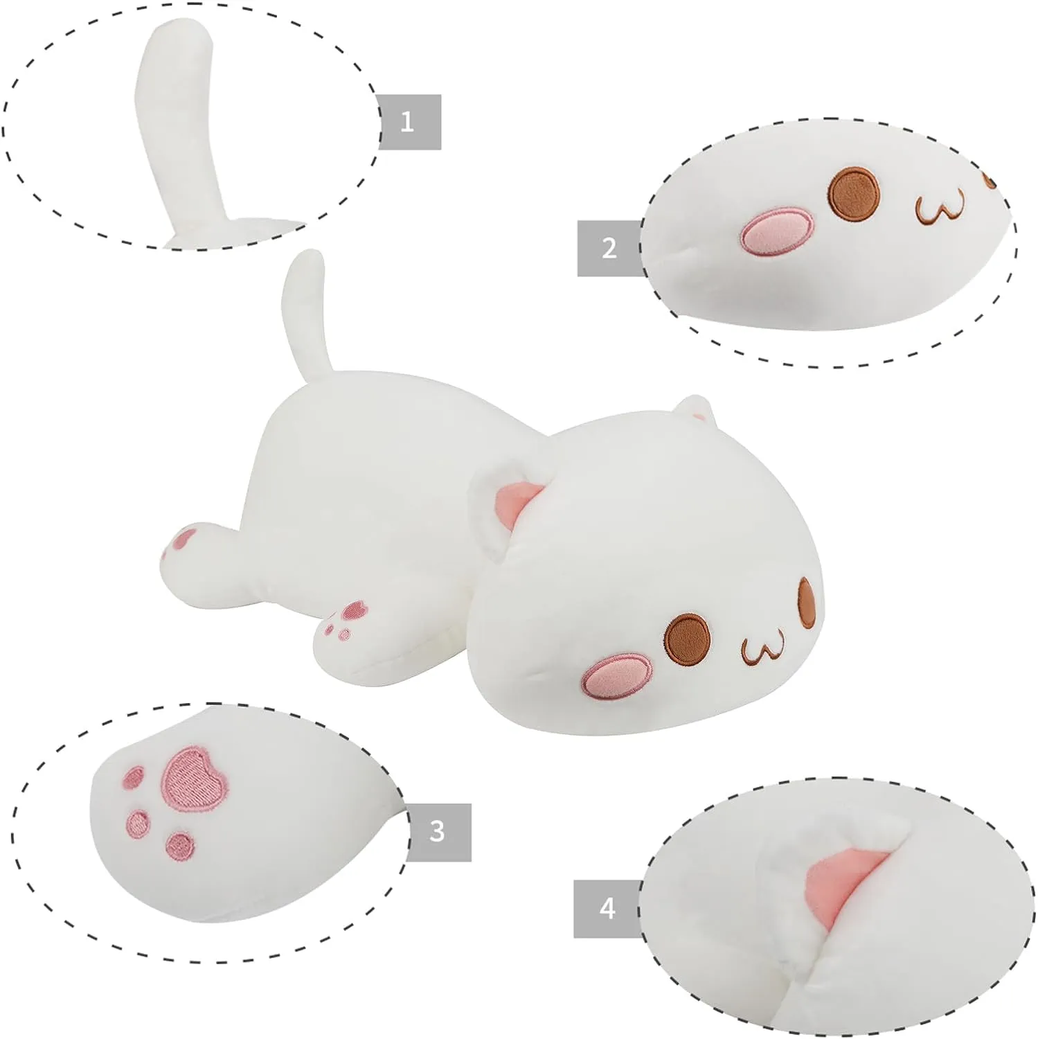 AFAN Cat Stuffed Animals Plush Cute Soft Cat Plush Pillow Toys Kawaii Plushies Room Decor Gifts for Kids Girls Boys (Round Eyes, White, 13.7 Inch)