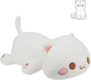 AFAN Cat Stuffed Animals Plush Cute Soft Cat Plush Pillow Toys Kawaii Plushies Room Decor Gifts for Kids Girls Boys (Round Eyes, White, 13.7 Inch)