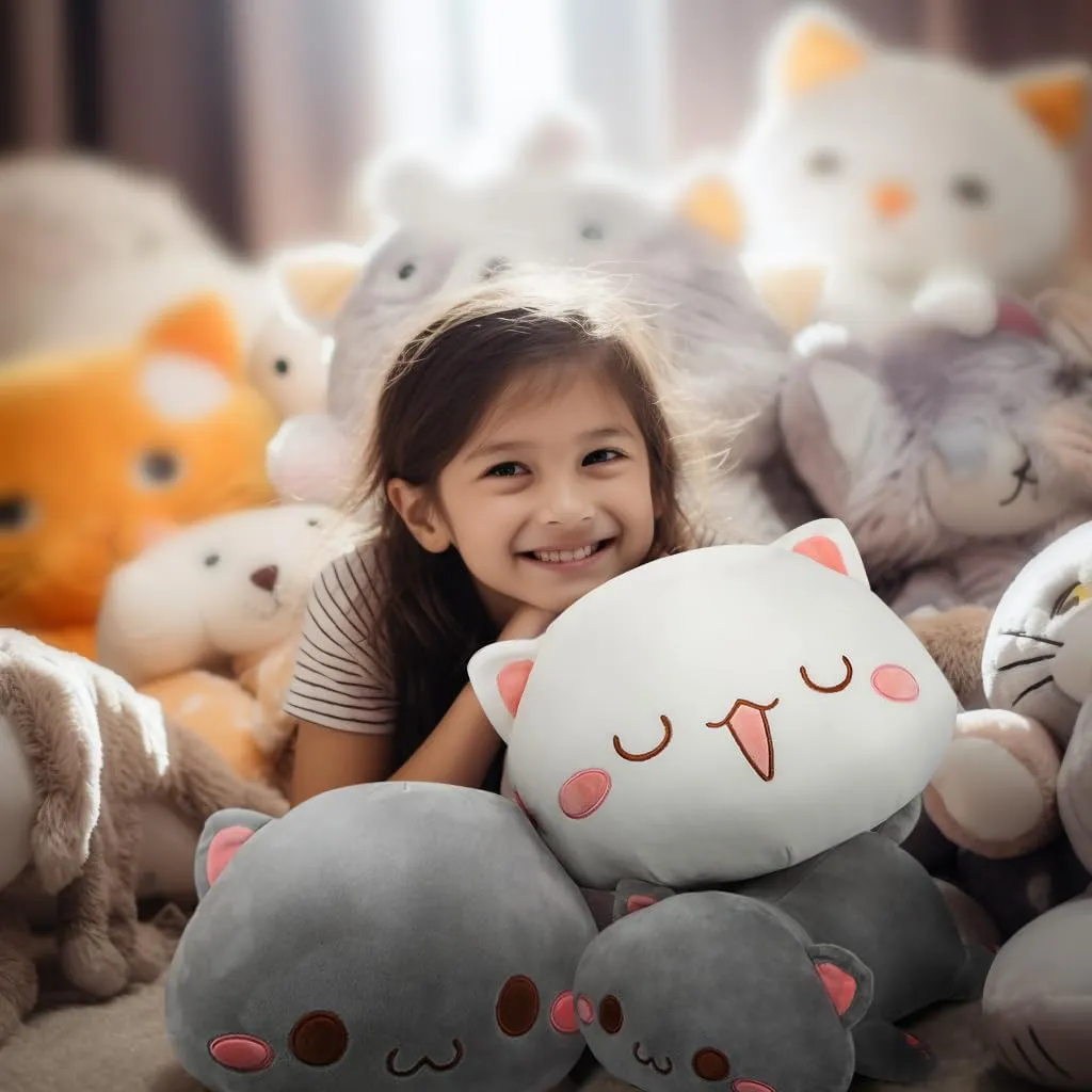 AFAN Cat Stuffed Animals Plush Cute Soft Cat Plush Pillow Toys Kawaii Plushies Room Decor Gifts for Kids Girls Boys (Round Eyes, White, 13.7 Inch)
