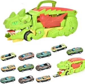 Ailejia Transformed Dinosaur Truck Car Toy with 11 Mini Pull Back Car, Dino Car Race Track Dinosaur Eating Cars with Wings and Handle for Kids Gifts Toys (Light Green)
