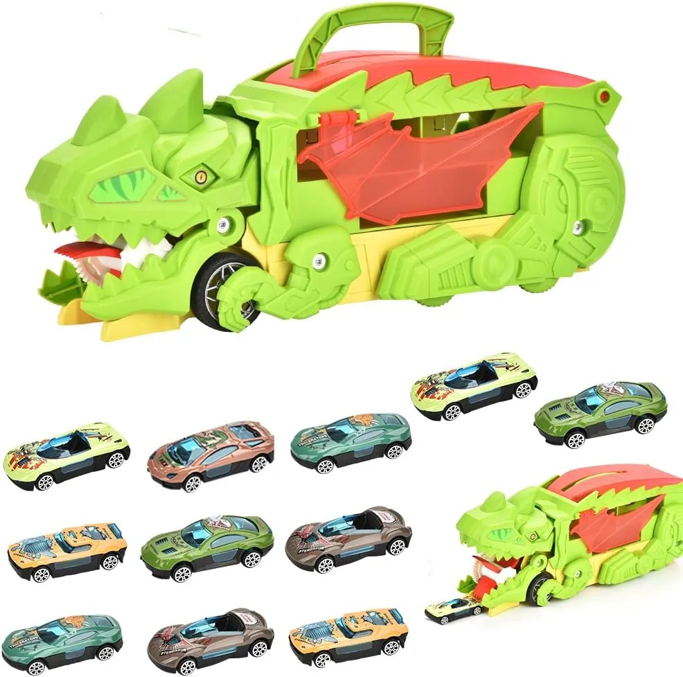 Ailejia Transformed Dinosaur Truck Car Toy with 11 Mini Pull Back Car, Dino Car Race Track Dinosaur Eating Cars with Wings and Handle for Kids Gifts Toys (Light Green)
