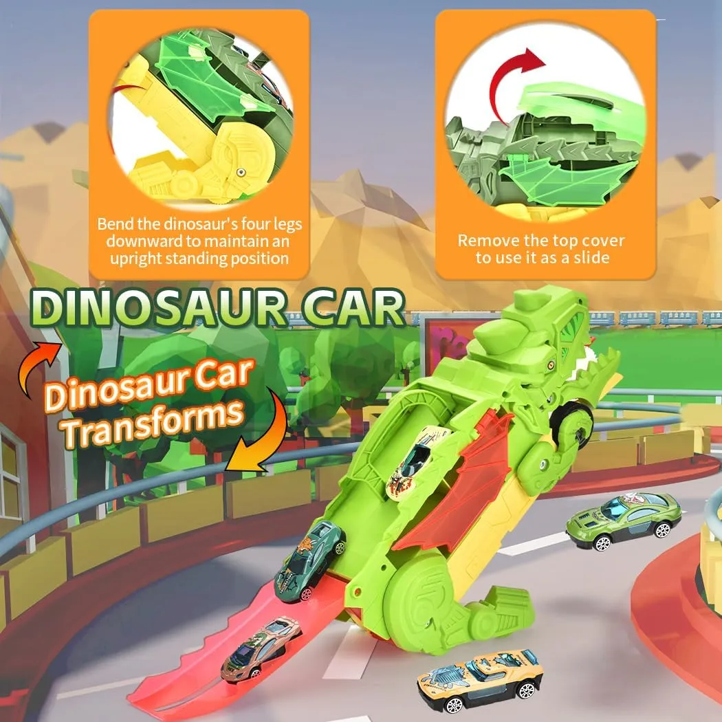 Ailejia Transformed Dinosaur Truck Car Toy with 11 Mini Pull Back Car, Dino Car Race Track Dinosaur Eating Cars with Wings and Handle for Kids Gifts Toys (Light Green)