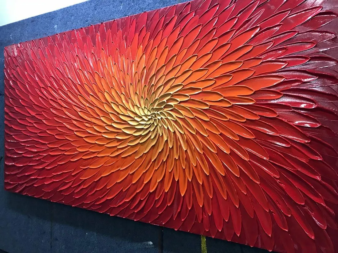 AMEI Art,24X48 Inch 3D Hand-Painted Red Artwork Textured Abstract Oil Paintings on Canvas Modern art Decor for Wall Blooming Flower Paintings Wood Inside Framed Ready to Hang (Fiery Red)