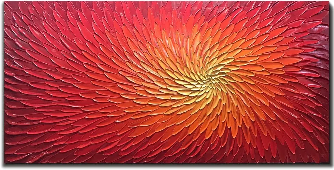 AMEI Art,24X48 Inch 3D Hand-Painted Red Artwork Textured Abstract Oil Paintings on Canvas Modern art Decor for Wall Blooming Flower Paintings Wood Inside Framed Ready to Hang (Fiery Red)