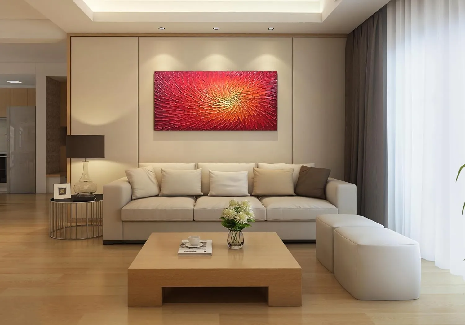 AMEI Art,24X48 Inch 3D Hand-Painted Red Artwork Textured Abstract Oil Paintings on Canvas Modern art Decor for Wall Blooming Flower Paintings Wood Inside Framed Ready to Hang (Fiery Red)