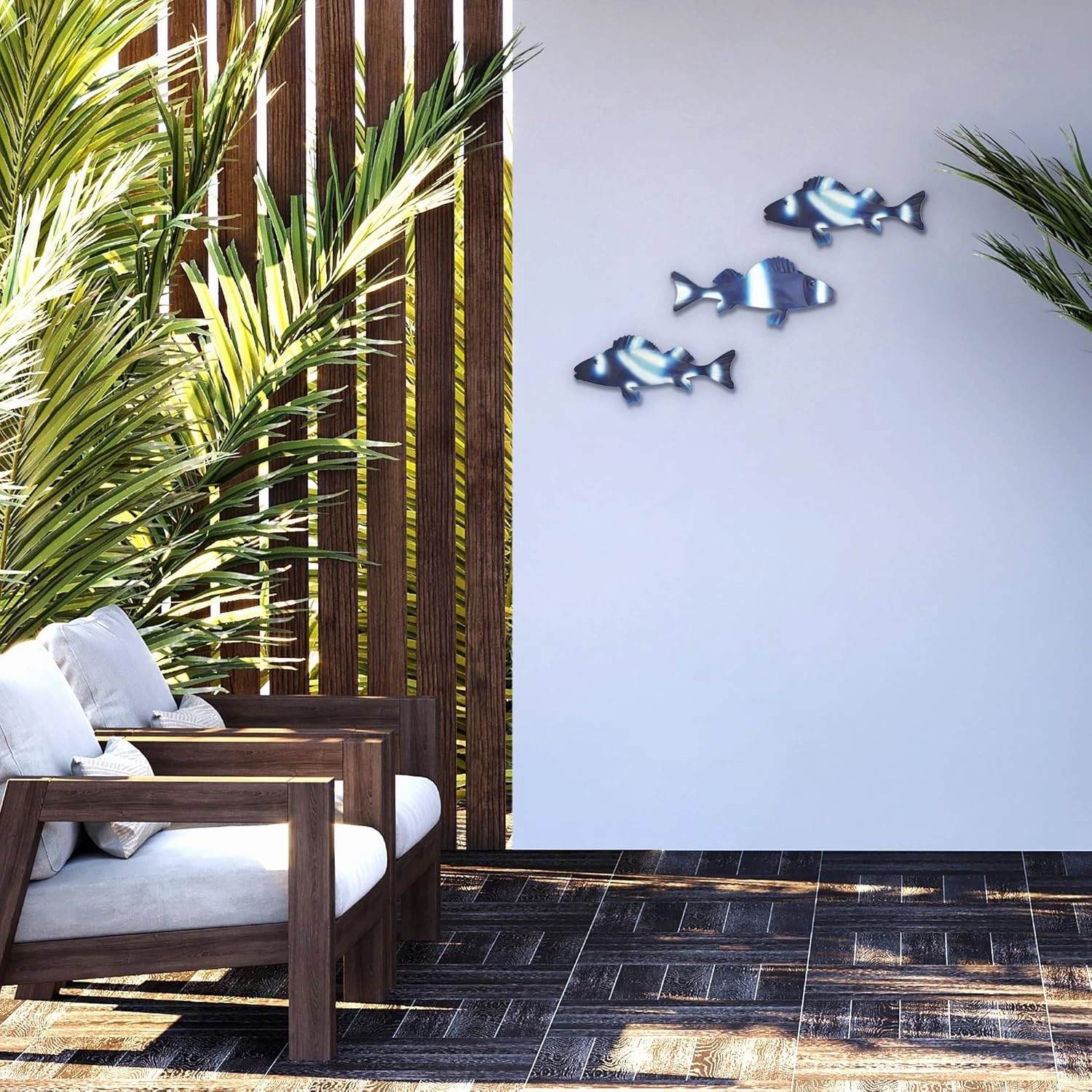 Americanflat Metal Fish Wall Decor - Set of 3 - 4x9.5 Blue Fish for Indoor or Outdoor Display - Modern, Stylish Ocean-Inspired Wall Art for Bedroom, Living Room, Patio, Garden