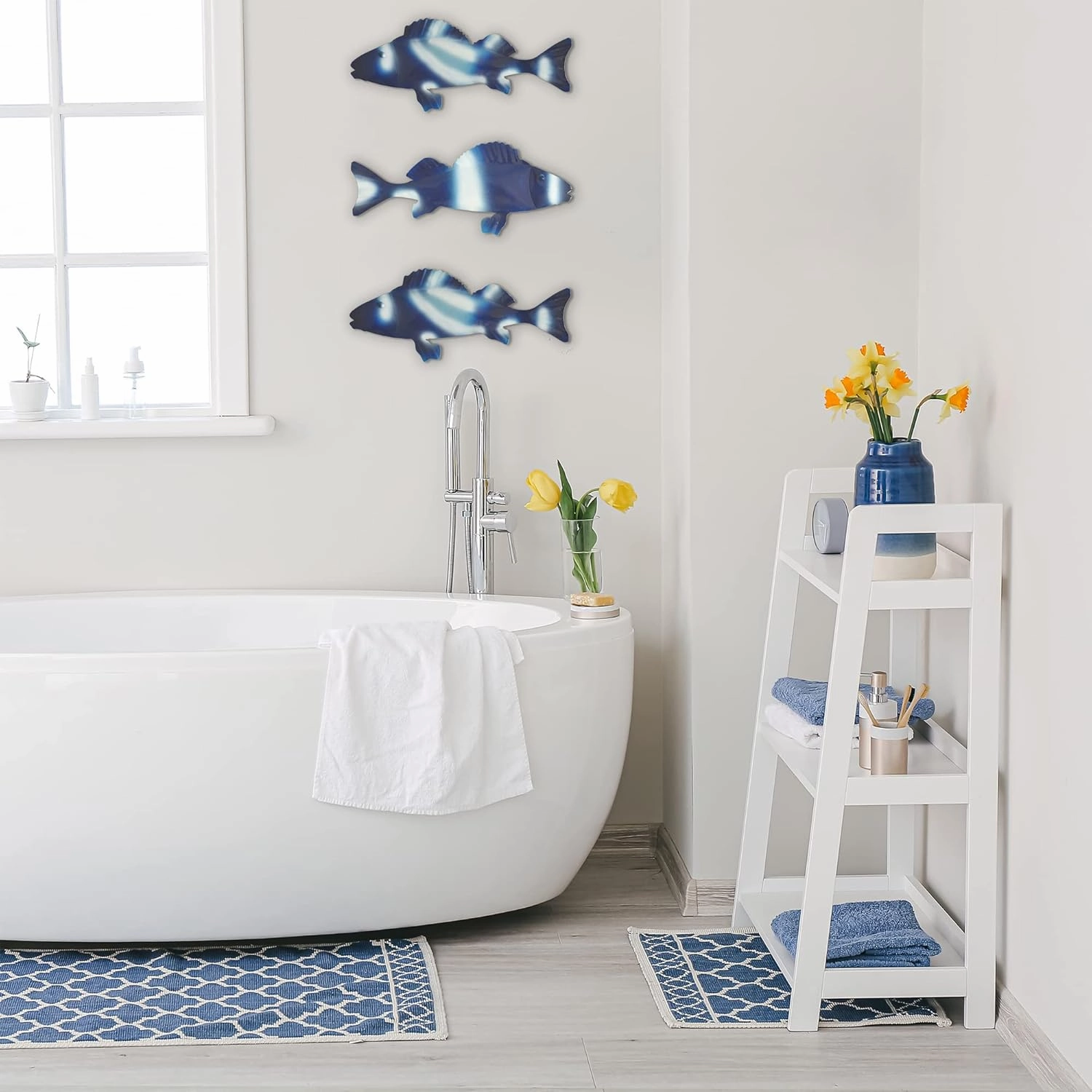 Americanflat Metal Fish Wall Decor - Set of 3 - 4x9.5 Blue Fish for Indoor or Outdoor Display - Modern, Stylish Ocean-Inspired Wall Art for Bedroom, Living Room, Patio, Garden