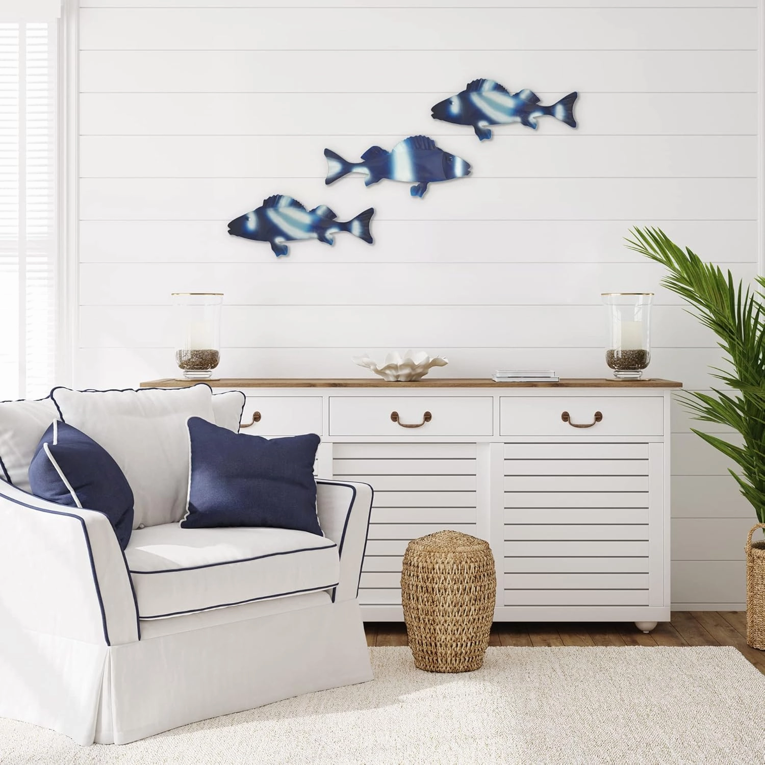 Americanflat Metal Fish Wall Decor - Set of 3 - 4x9.5 Blue Fish for Indoor or Outdoor Display - Modern, Stylish Ocean-Inspired Wall Art for Bedroom, Living Room, Patio, Garden
