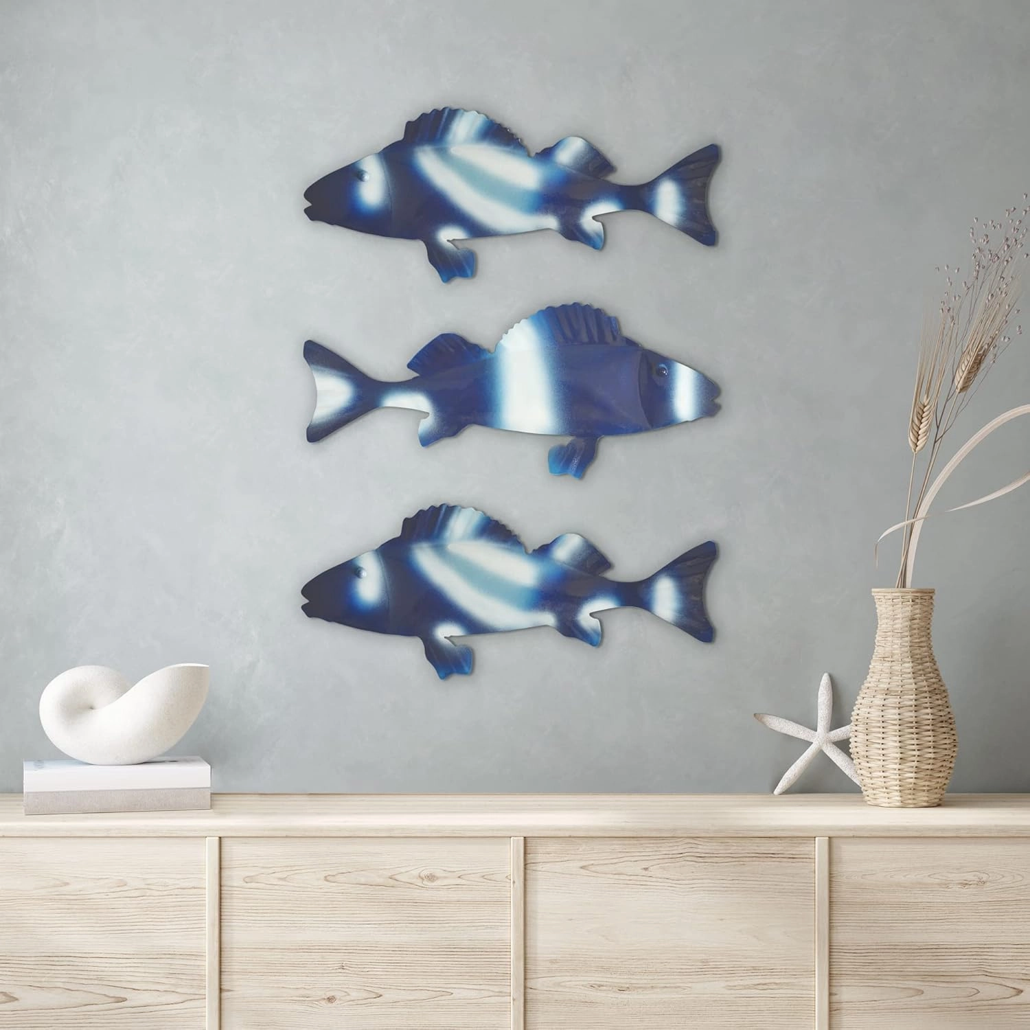 Americanflat Metal Fish Wall Decor - Set of 3 - 4x9.5 Blue Fish for Indoor or Outdoor Display - Modern, Stylish Ocean-Inspired Wall Art for Bedroom, Living Room, Patio, Garden