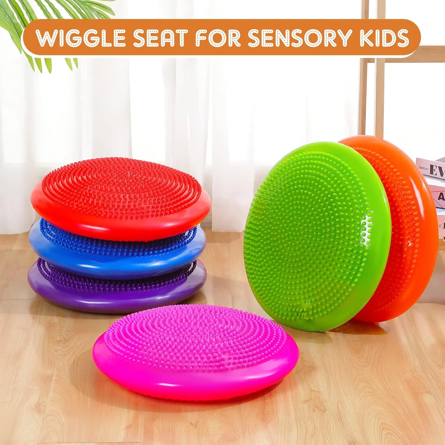 Amylove 6 Pcs Inflated Wobble Cushion Pump Wiggle Balance Sensory Flexible Seat for Kids Flexible Seating Exercise Disc Sensory Chair for Office School Home Equipment