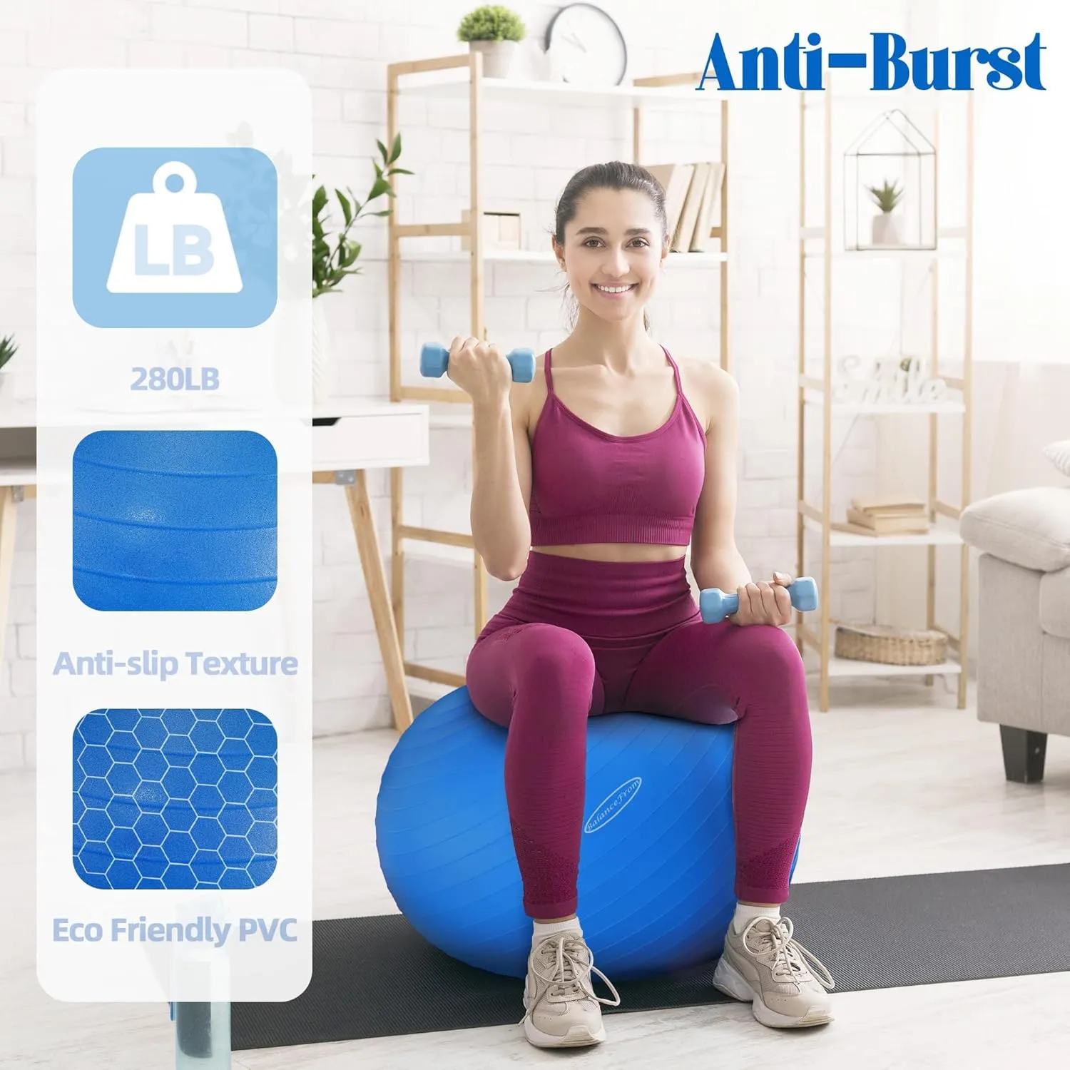 Anti-Burst and Slip Resistant Exercise Yoga Ball for Fitness with Quick Pump, 2,000-Pound Capacity, 30-inch, Multiple Colors