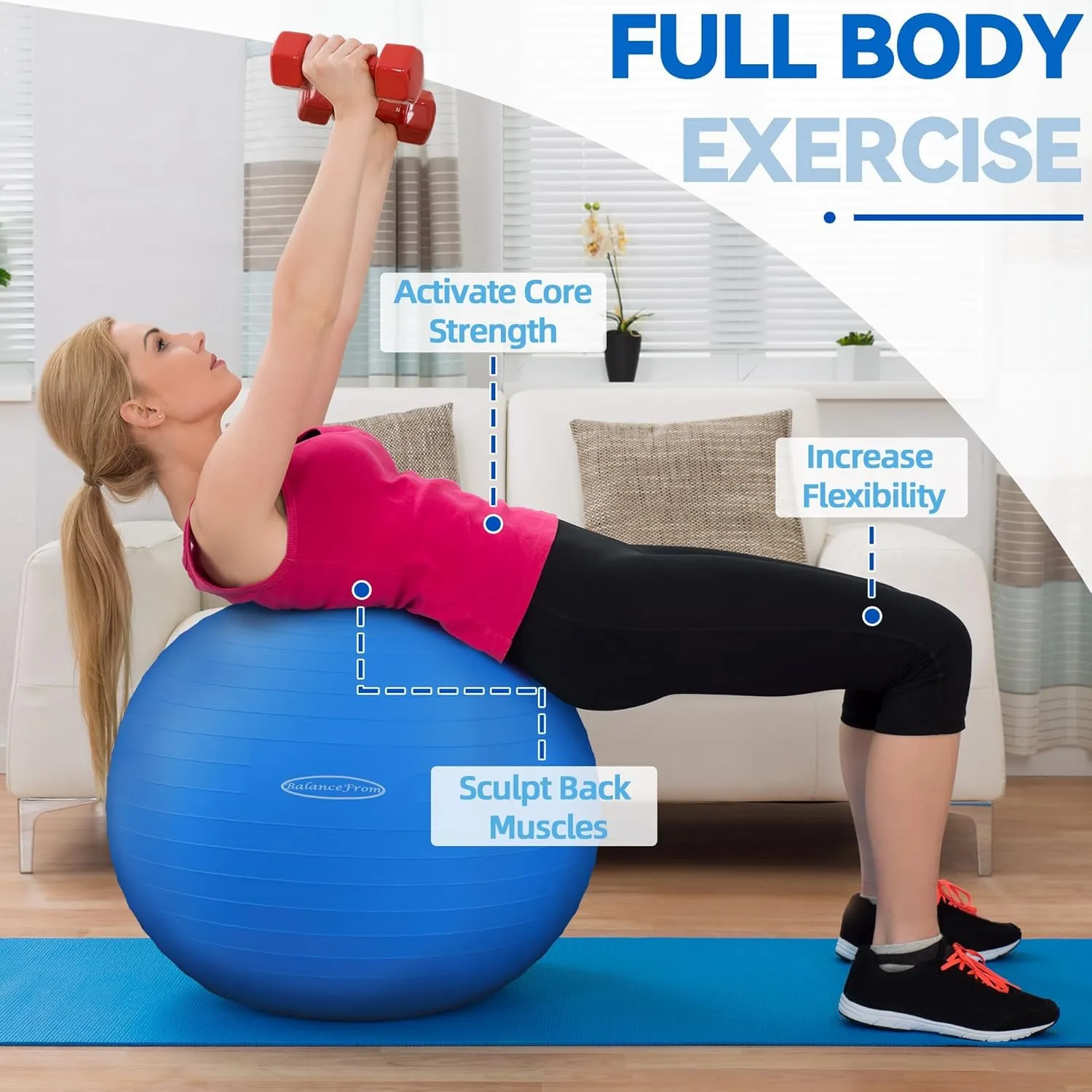 Anti-Burst and Slip Resistant Exercise Yoga Ball for Fitness with Quick Pump, 2,000-Pound Capacity, 30-inch, Multiple Colors