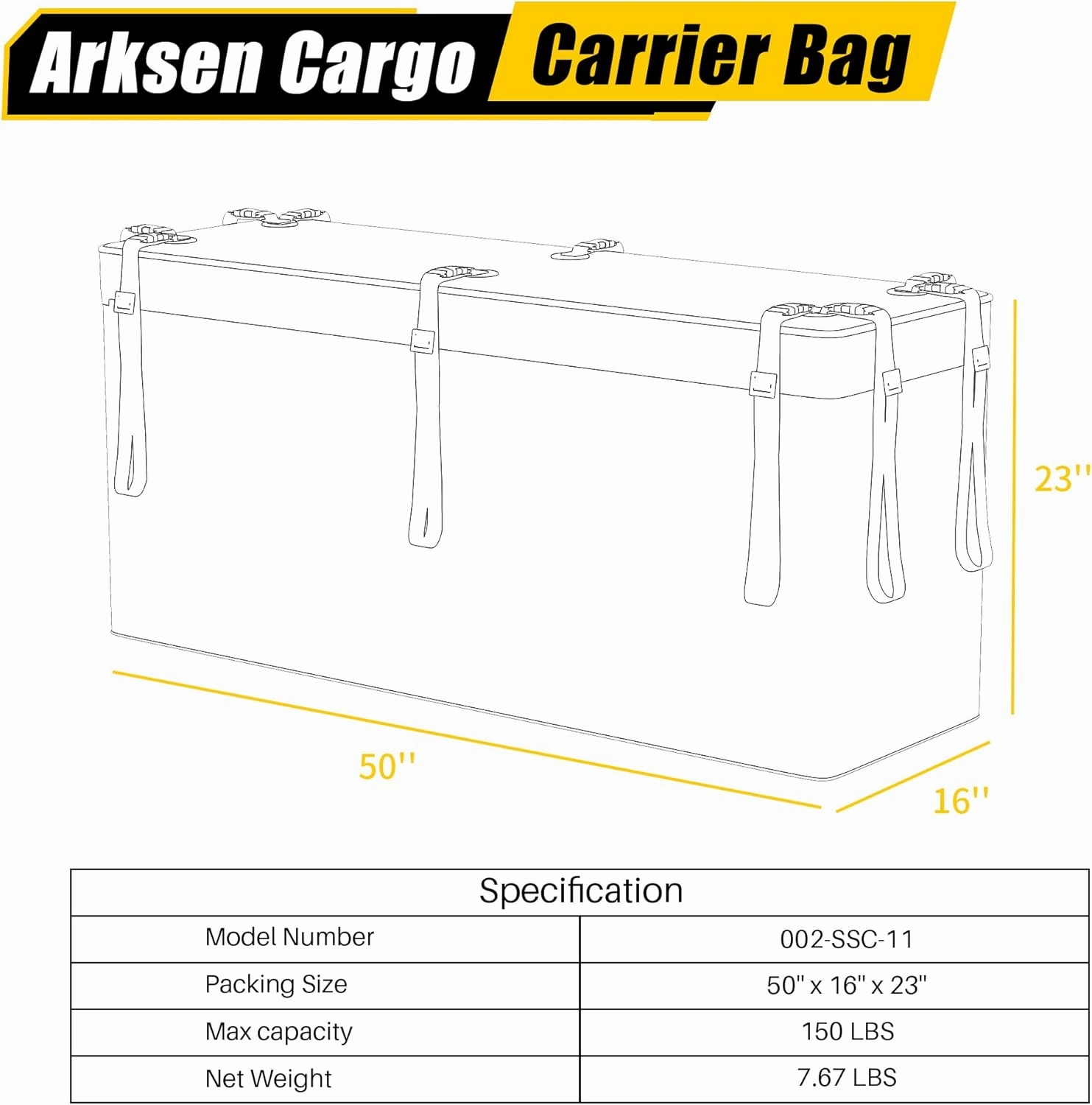 ARKSEN Hitch Cargo Carrier Bag for 19" x 53" Baskets Waterproof 10.75 Cubic Feet Large Capacity Luggage Storage (50" L x 16" W x 23" H) for Car Truck SUV RV or Trailer