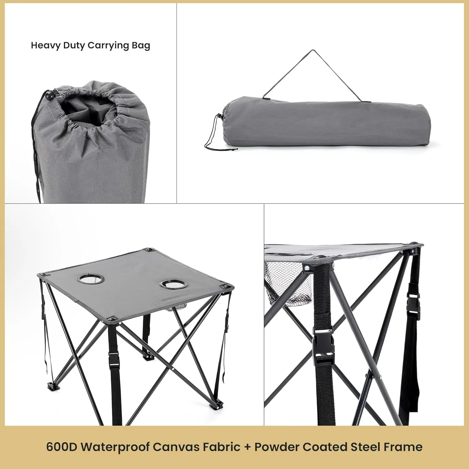 ARROWHEAD OUTDOOR 26” (66cm) Heavy-Duty Portable Camping Folding Table, 2 Cup Holders, Compact, Square, Carrying Case Included, Steel Frame, High-Grade 600D Canvas, USA-Based Support