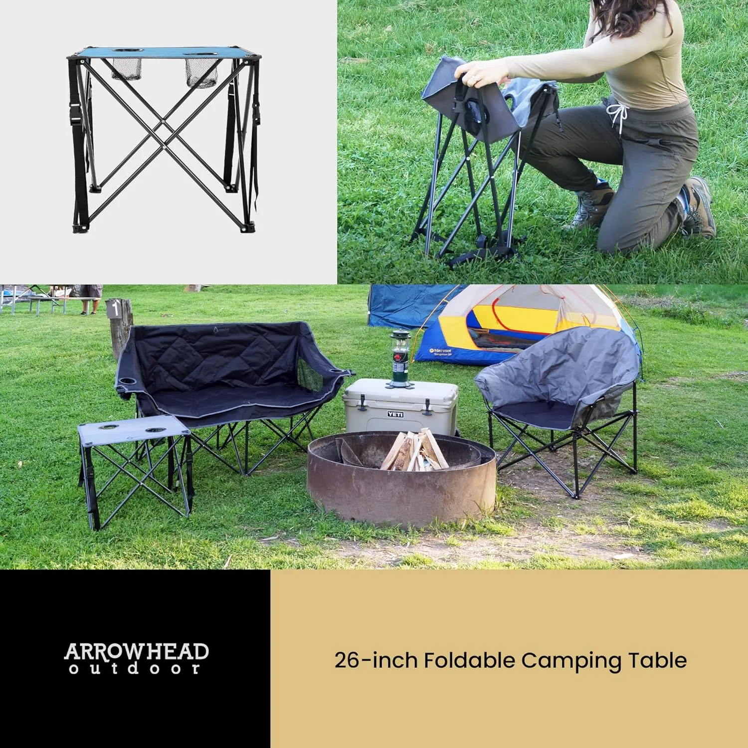 ARROWHEAD OUTDOOR 26” (66cm) Heavy-Duty Portable Camping Folding Table, 2 Cup Holders, Compact, Square, Carrying Case Included, Steel Frame, High-Grade 600D Canvas, USA-Based Support