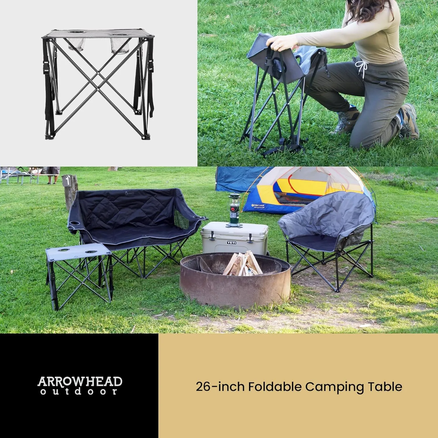 ARROWHEAD OUTDOOR 26” (66cm) Heavy-Duty Portable Camping Folding Table, 2 Cup Holders, Compact, Square, Carrying Case Included, Steel Frame, High-Grade 600D Canvas, USA-Based Support