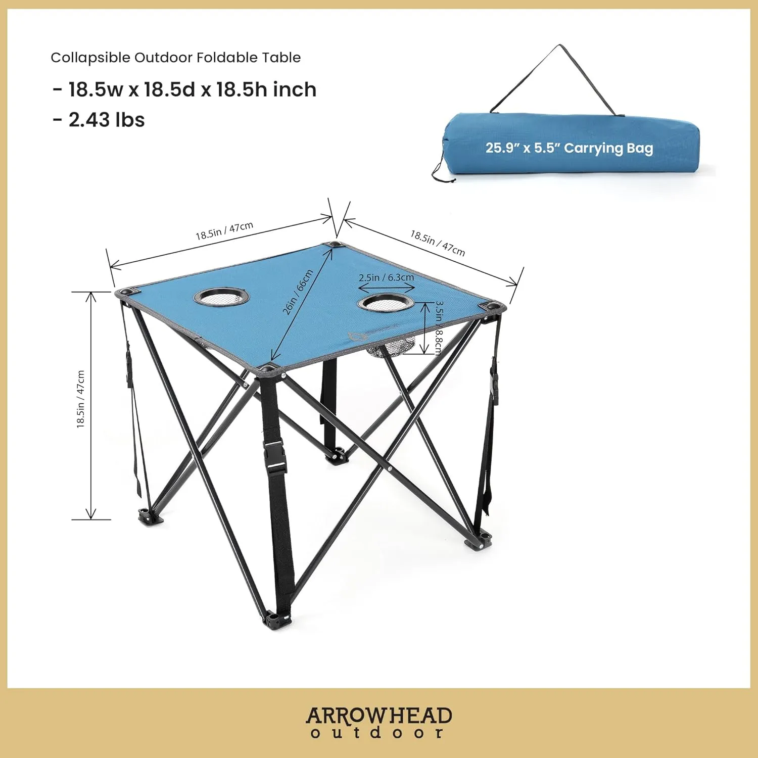 ARROWHEAD OUTDOOR 26” (66cm) Heavy-Duty Portable Camping Folding Table, 2 Cup Holders, Compact, Square, Carrying Case Included, Steel Frame, High-Grade 600D Canvas, USA-Based Support