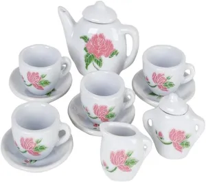 ArtCreativity Rose Flower Ceramic Doll Tea Set - 13 Pieces - Includes Cups and Plates - Pretend Tea Party - Fun Doll Dramatic Play Tool - Perfect Play Prize for Little Girls Ages 8 