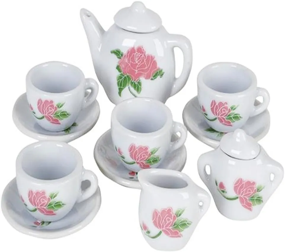 ArtCreativity Rose Flower Ceramic Doll Tea Set - 13 Pieces - Includes Cups and Plates - Pretend Tea Party - Fun Doll Dramatic Play Tool - Perfect Play Prize for Little Girls Ages 8 