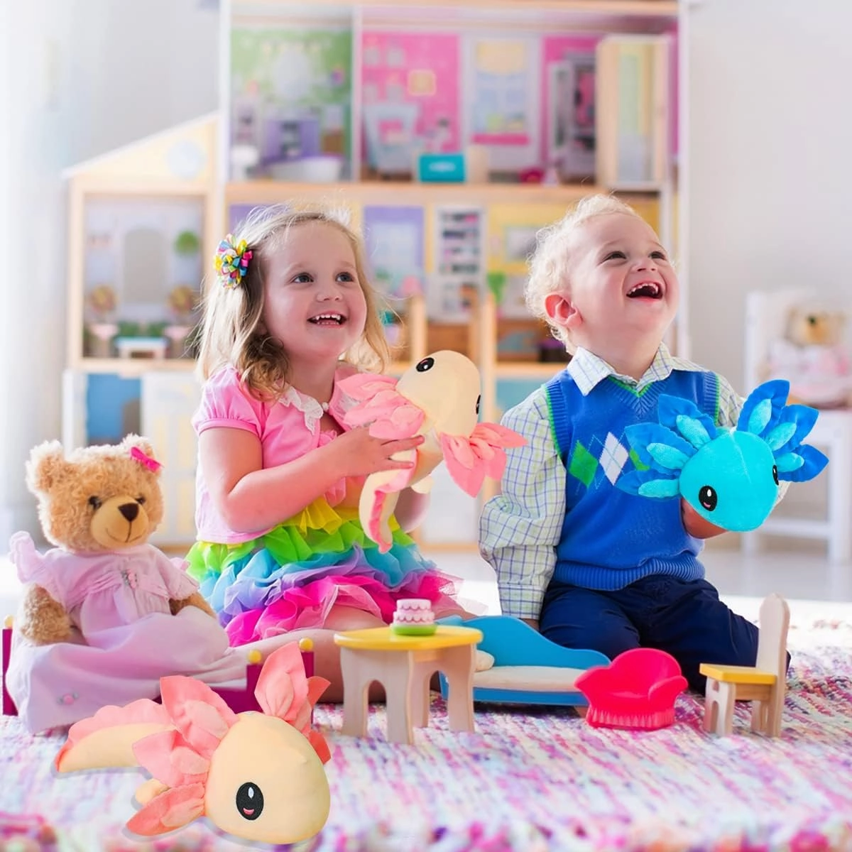 Axolotl Plush Toy,14" Axolotl Stuffed Animal,Salamander Axolotl Plush Doll Gifts for Boys Girls Birthday Christmas, New Year (Blue Pink)