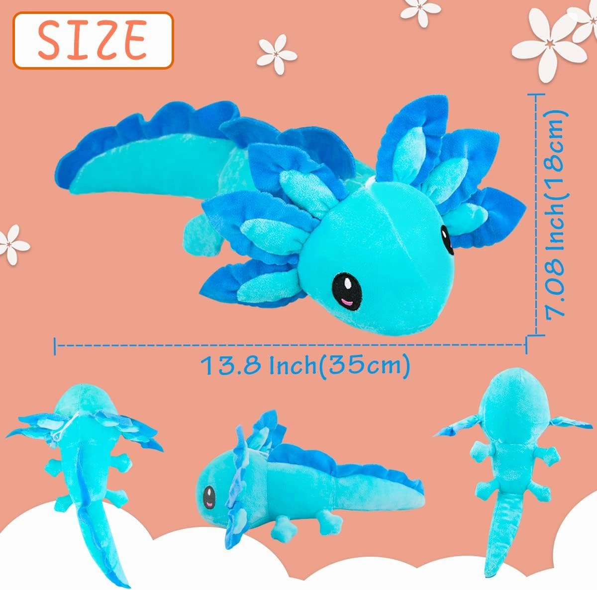 Axolotl Plush Toy,14" Axolotl Stuffed Animal,Salamander Axolotl Plush Doll Gifts for Boys Girls Birthday Christmas, New Year (Blue Pink)