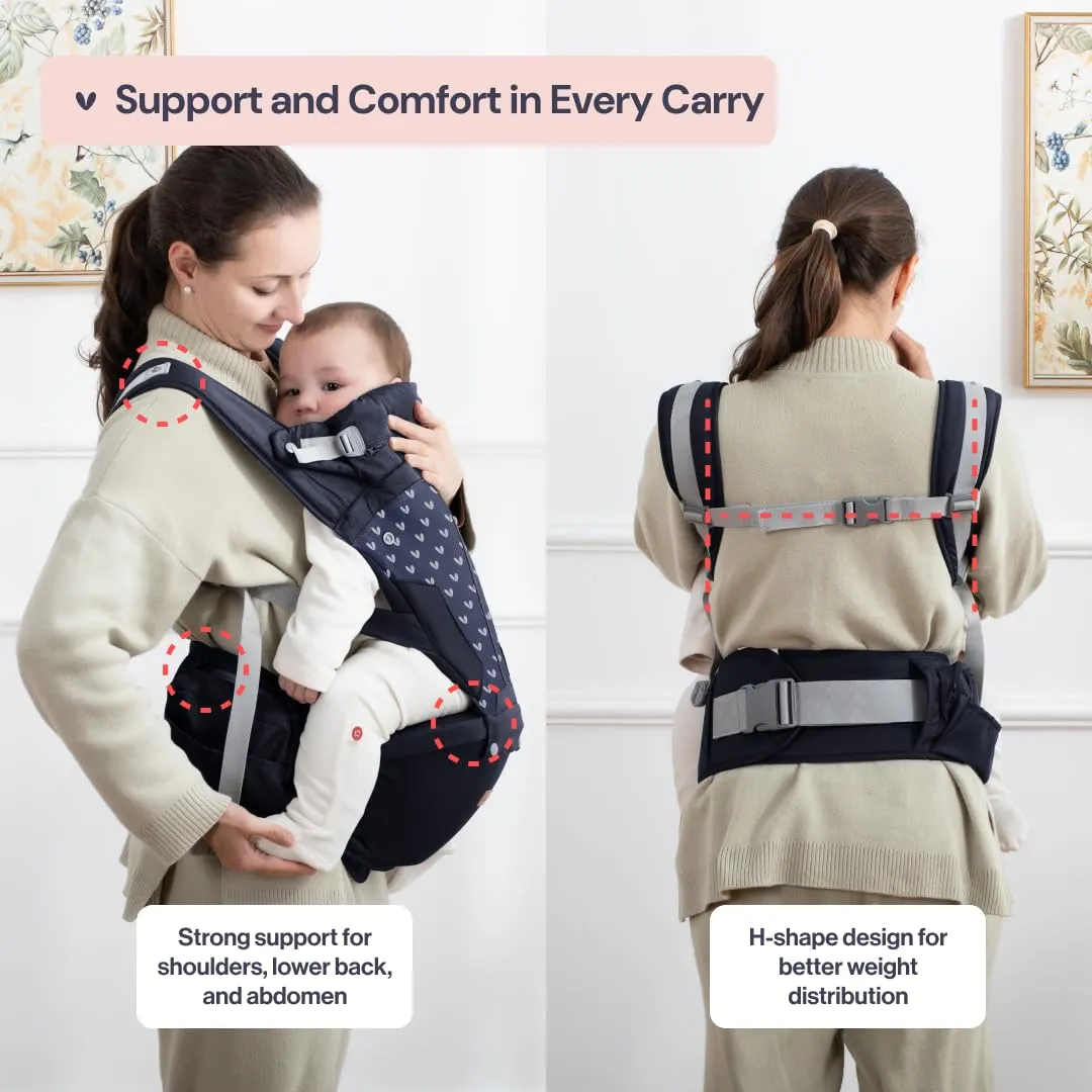 BabbleRoo 6-in-1 Baby Carrier with Hip Seat, Ergonomic, Cozy & Adjustable Toddler Carrier 7-50 lbs with Hip & Lumbar Support, Hood for Sun Protection, Baby Carrier Newborn to Toddler, Navy Hearts